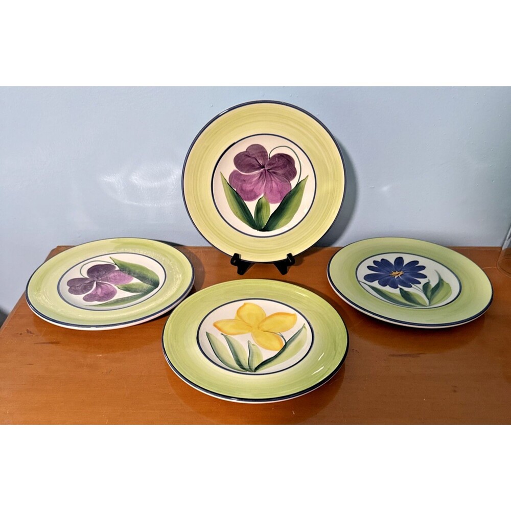 Pizzato Italy Floral Painted Set of 4 Luncheon Plates Flowers Hand Made
